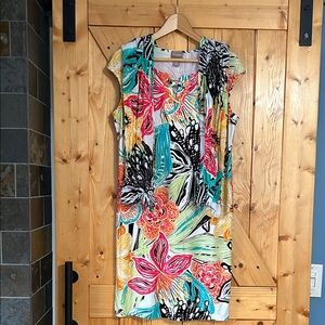 Chico's Pink, Green and Orange Tropical Print Dress w/ matching Scarf